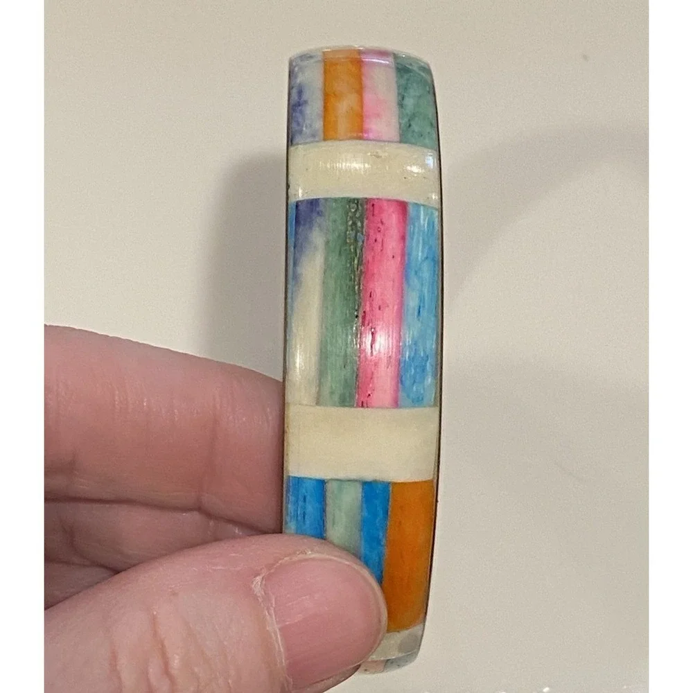 Vtg Colorful Mosaic Inlay 8 Inch Brass Bangle Bracelet 1970's Dyed Bovine Bone